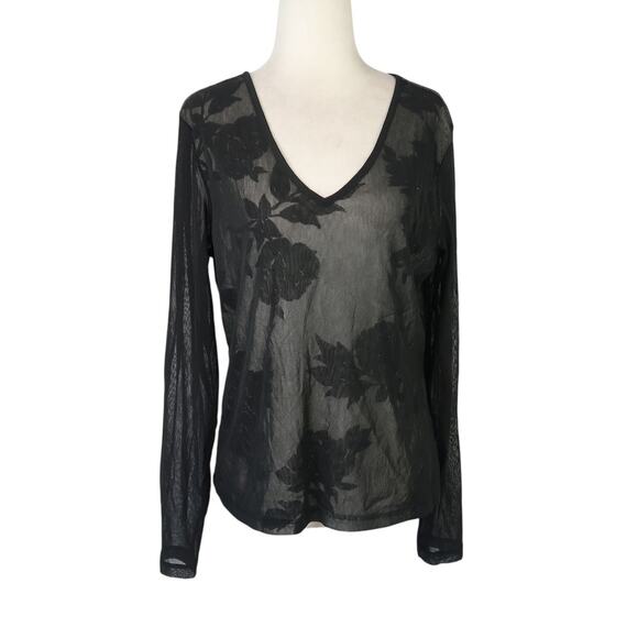 Vintage 90s/Y2K The Limited Black and White Floral Mesh Long Sleeve Tee XL - Picture 1 of 6